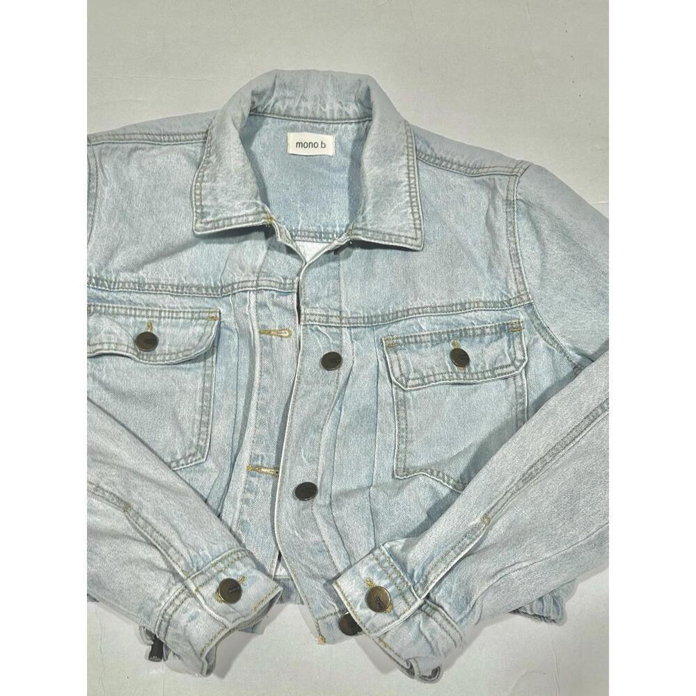Mono B Women's Light-wash Denim Cropped Jean Jacket Pockets Drawstring Hem Small - Picture 12 of 14